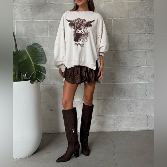 NWOT Free People We The Free Graphic Camden Pullover - highland cow combo - XS - Picture 7 of 11
